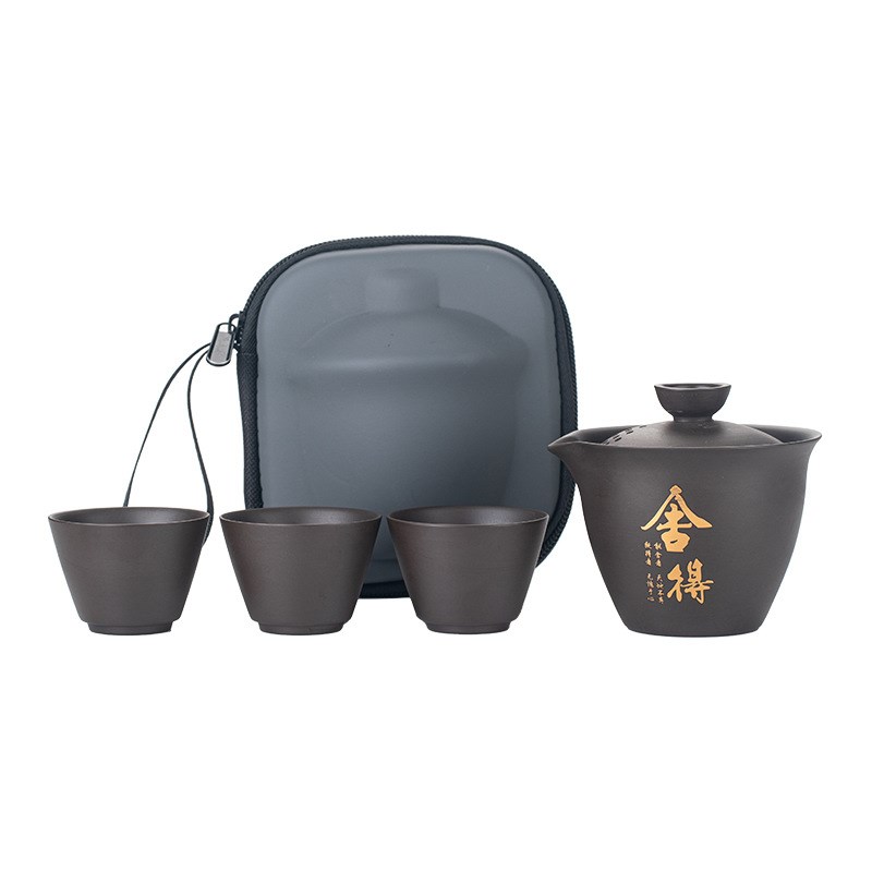 紫砂壶烤金旅行茶具套装快客杯便携收纳包户外泡茶手X抓壶车载简