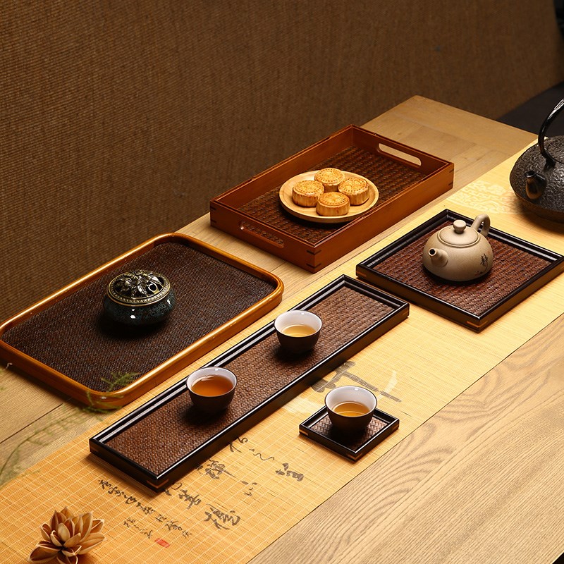 竹制茶盘c托盘茶杯架茶壶架竹席面托盘干炮台藤面小茶台功夫茶具