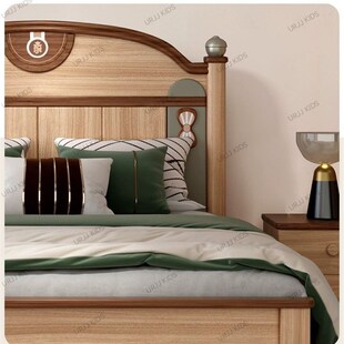 玫瑰木全实木儿童床奶油风男孩单床带储物木蜡油儿童房家具