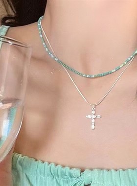 克莱因蓝国潮米珠串珠s项链小众设计猫眼石小象吊坠锁骨链