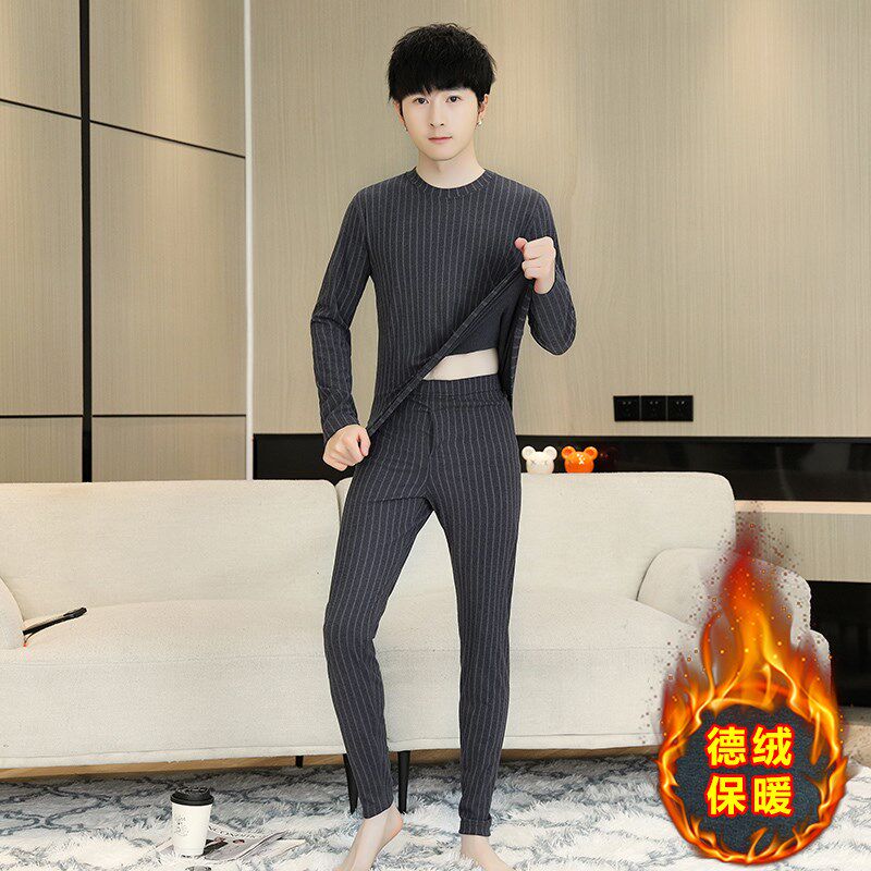 2024新款条纹保暖内衣男士德绒防寒青少年秋衣秋裤套装线衣线裤