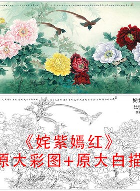 工笔白描牡丹四尺绶带底稿李晓明姹紫嫣红线描临摹实物打印稿877C