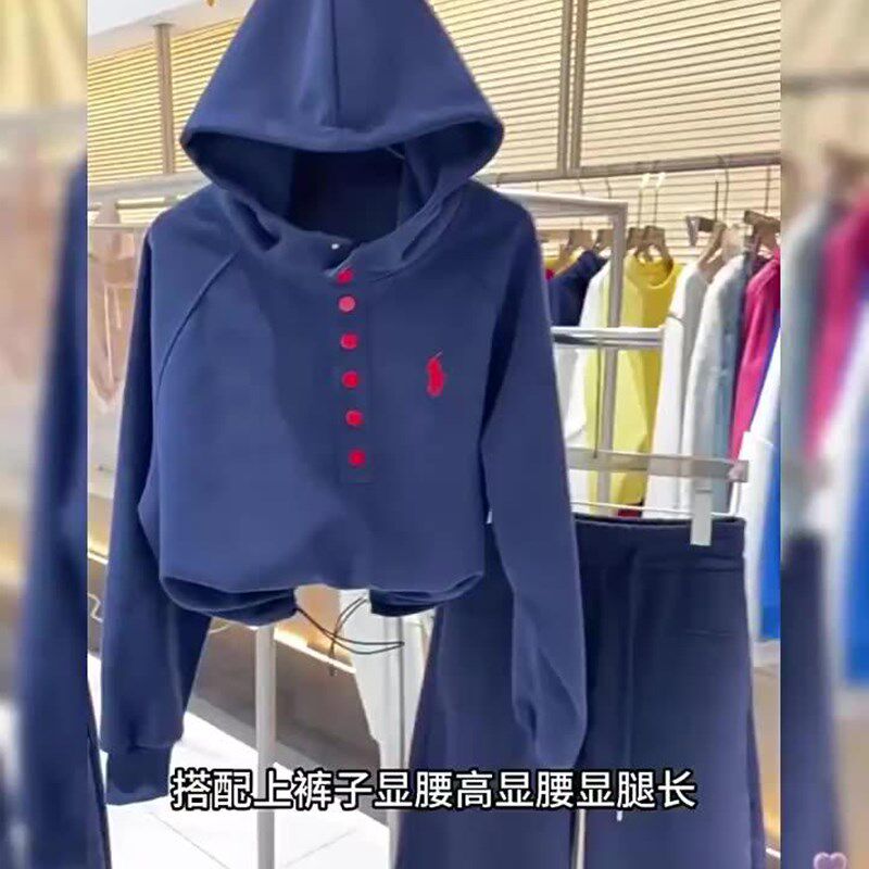 2024春秋季新款m女士爆款藏青色连帽卫衣短款外套显瘦百搭长袖上