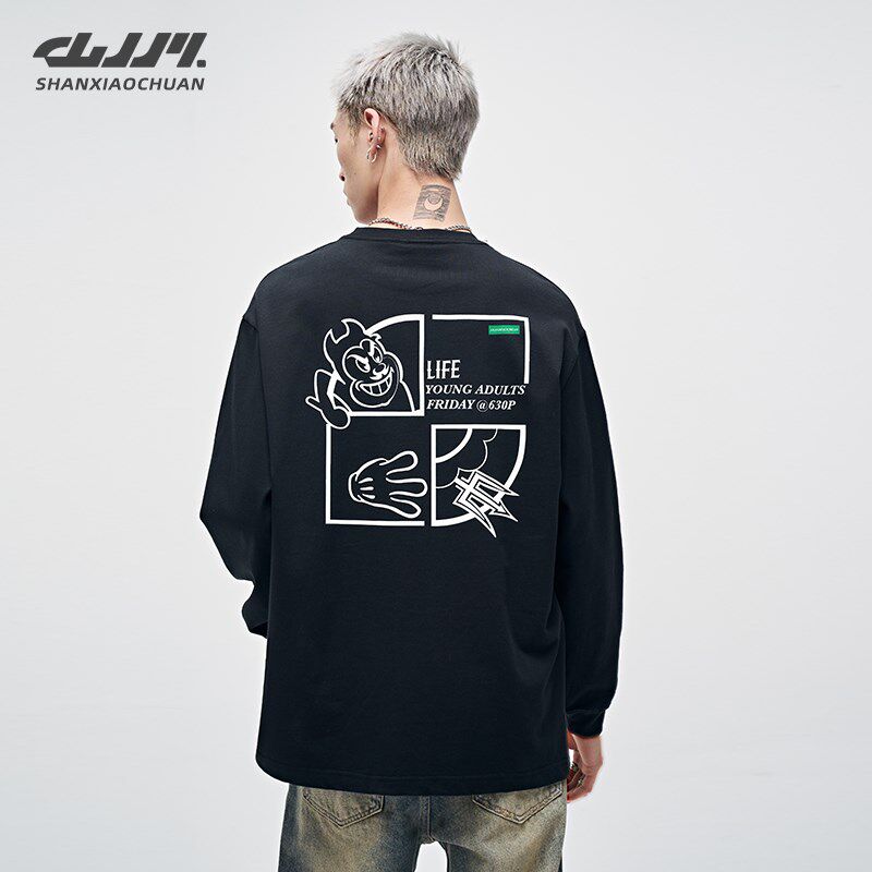 卡通涂鸦男士长袖t恤2024新款潮流体恤男款秋季内搭打底衫