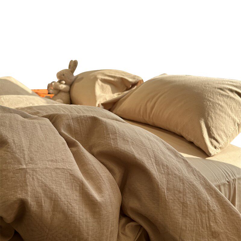 美拉德复古提花色织水洗棉咖色四件套1.5m1.8米公寓全棉被套床单