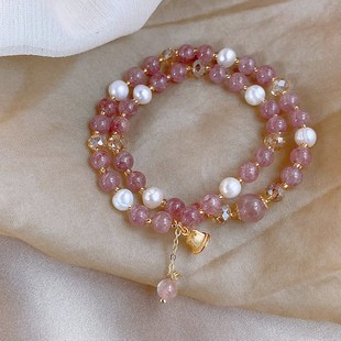 双层叠戴天然珍珠粉晶闺蜜手链女2025年新款铃铛串珠转运水晶手串