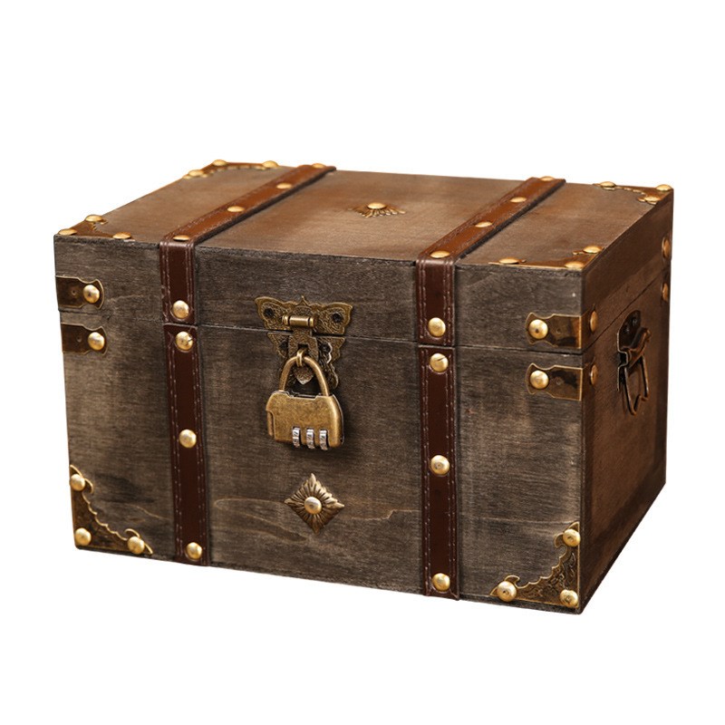 跨境复古木盒珠i宝饰品包装家居证件收纳带锁密码箱藏宝箱影视道