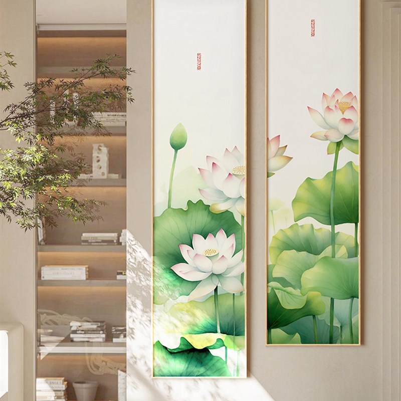 墙蛙新中式装饰画茶室书房清新荷花壁画沙发背景画复古风客厅挂画图片