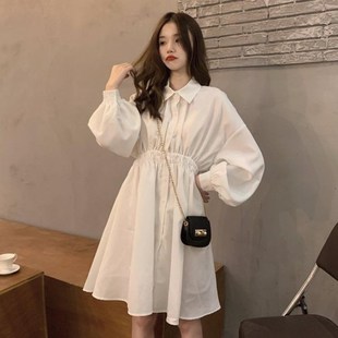 Black Women Shirt Collar Dress Polo QWEEK Style Long Korean