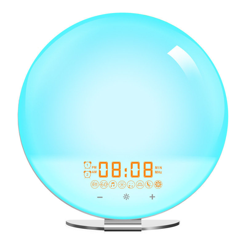 创意圆形日出唤醒灯电子闹钟 模拟日落白噪音催眠七彩y氛围床头.