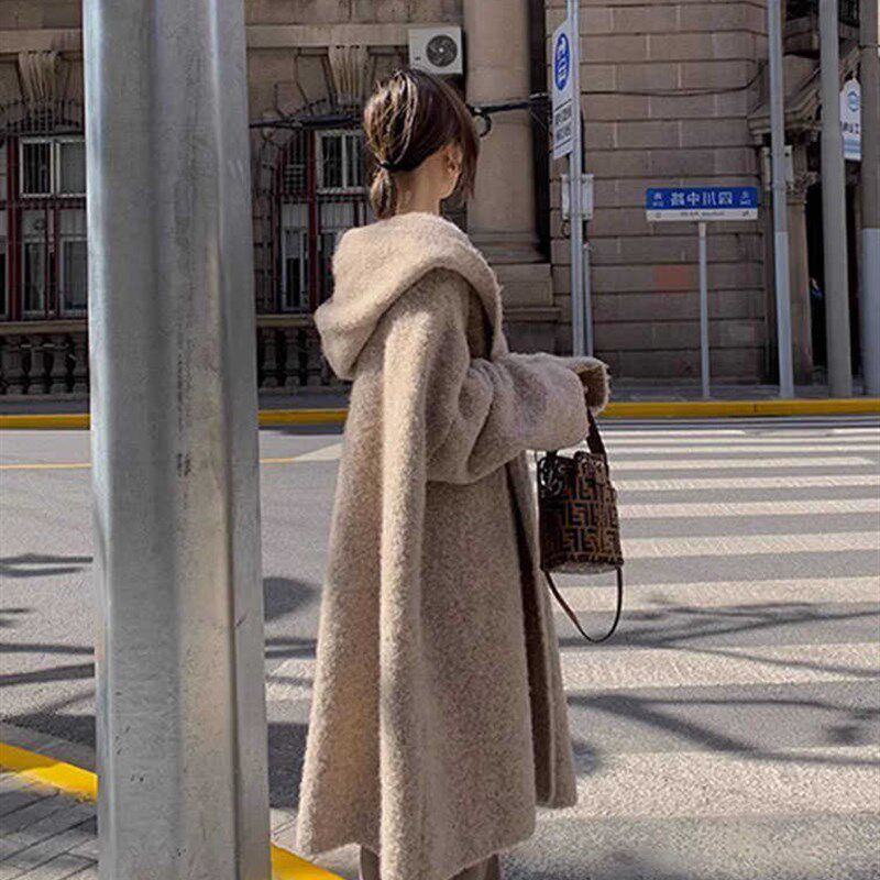 连帽线衣针织开衫女秋冬中长款宽松外搭慵懒风毛衣外套浴袍大衣厚