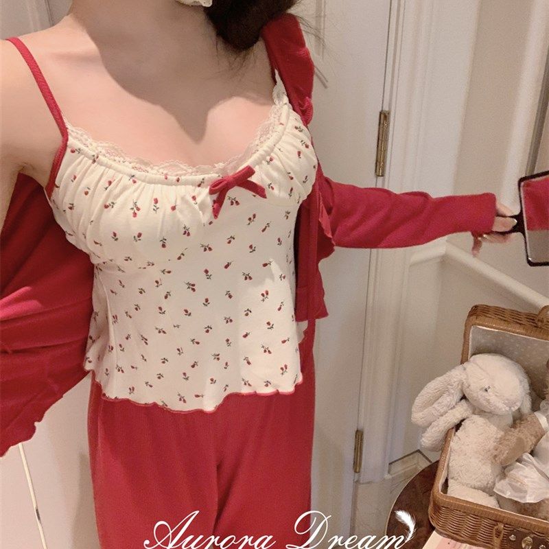 欧若拉睡衣女【莫奈玫瑰】定制款红色本命年三件套带胸垫家居服,女士内衣/男士内衣/家居服,睡衣/家居服套装,淘宝优惠券,粉丝福利购,淘宝优惠卷