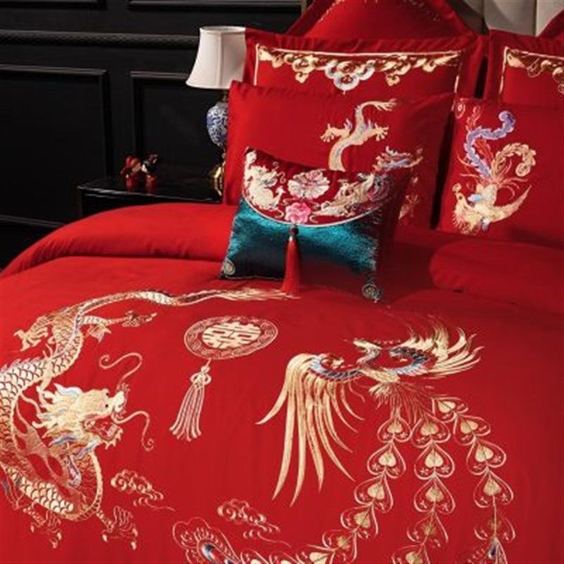 结婚床上用品四件套全棉磨毛床单被罩红色百子图婚庆新婚龙凤刺绣,床上用品,婚庆床品套件,淘宝优惠券,粉丝福利购,淘宝优惠卷