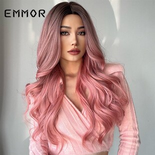 欧美风渐变粉色长卷发全头套假发女Gradient long crimp pink wig