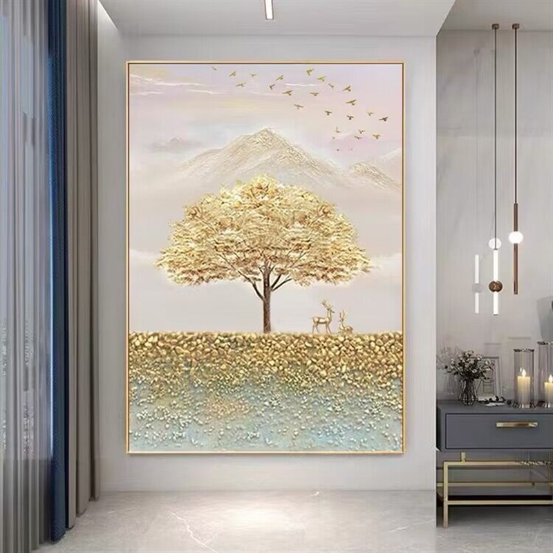 手绘油画发财树入户玄关装饰画轻奢麋鹿走廊过道壁画进门挂画竖版图片