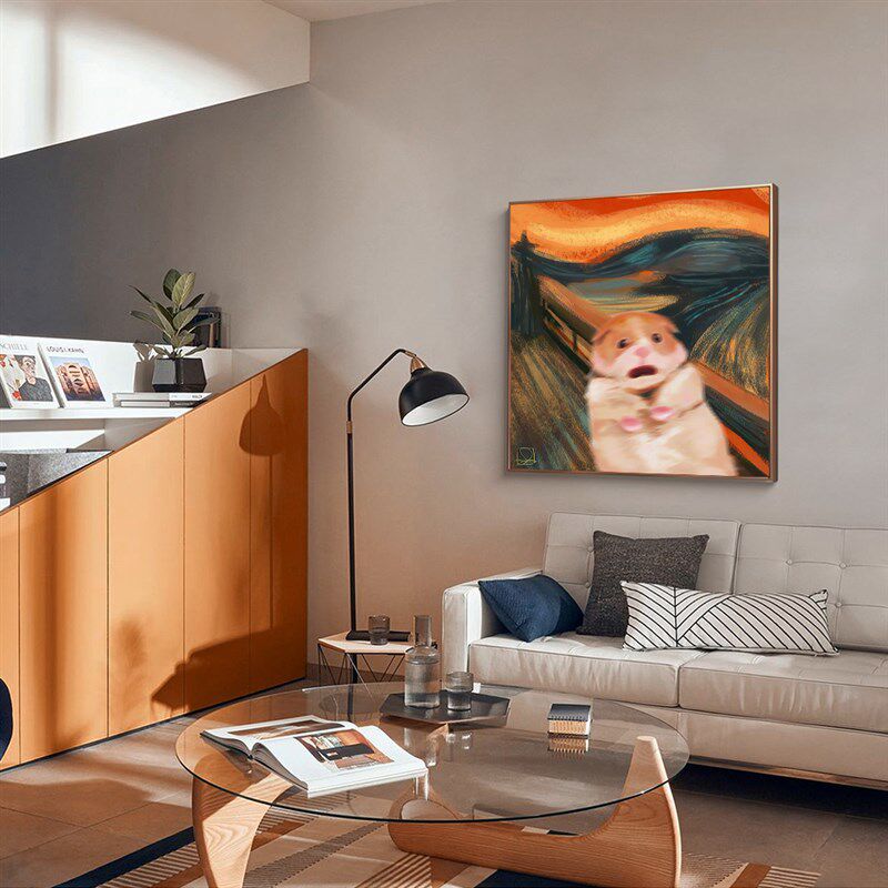 萌趣恶搞蒙克仓鼠呐喊复古花卉宠物客厅餐厅儿童房装饰画