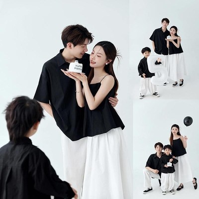 全家福摄影服装黑色系家庭装y三口亲子装影楼拍照亲子主题家庭装