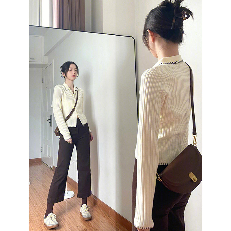 现货杏色Polo领长袖针织开衫女早春季内搭打底R衫v领修身短款毛衣