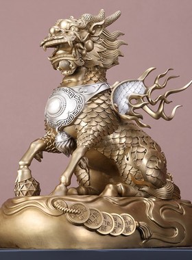 全黄铜麒麟摆件一对瑞兽家居客厅门口装饰店铺高端开业礼品铜制