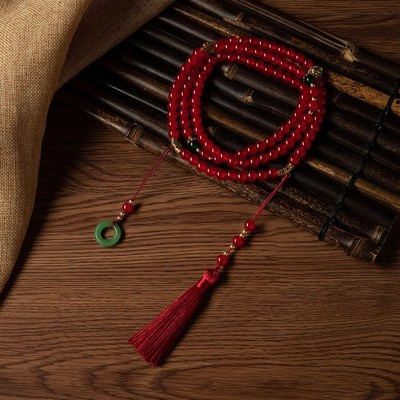 古风长款串珠如意环项链新中式绿色流苏108颗珠可U斜挎毛衣链配饰