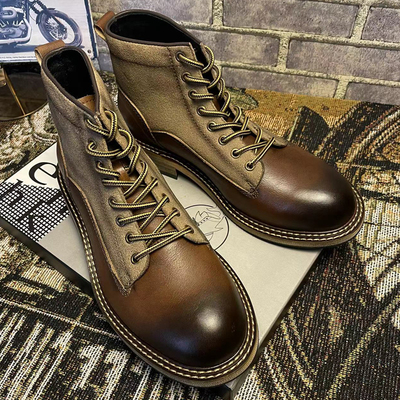 阿美咔叽美式复古做旧马丁靴拼接英伦风伞兵靴子高帮秋季工装靴