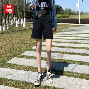 黑色五分牛仔短裤女夏季2024年新款高腰显瘦遮肚子a字型直筒中裤