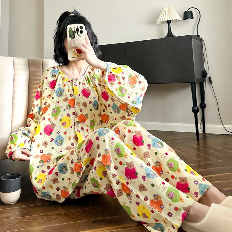 粉色日系睡衣女春秋款卡通可爱宽松新款月子服家居服夏季套装
