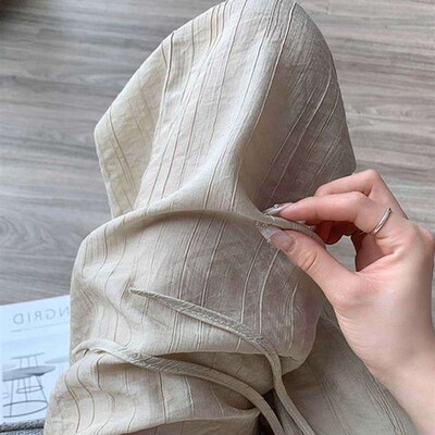 夏季薄款直筒抖抖裤子休闲百搭宽松高腰垂坠感窄版杏色冰丝阔腿裤