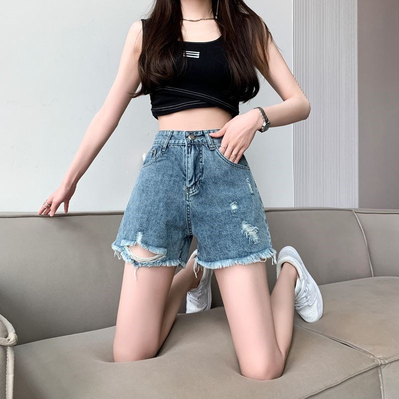 牛仔短裤女夏季新款辣妹高腰宽松显瘦a字L热裤小个子破洞外穿薄款