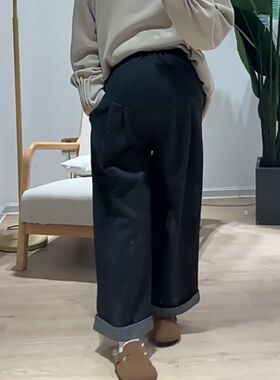 孕妇人字纹休闲阔腿裤春秋季新款高腰托腹显瘦裤子翻边毛呢直筒裤