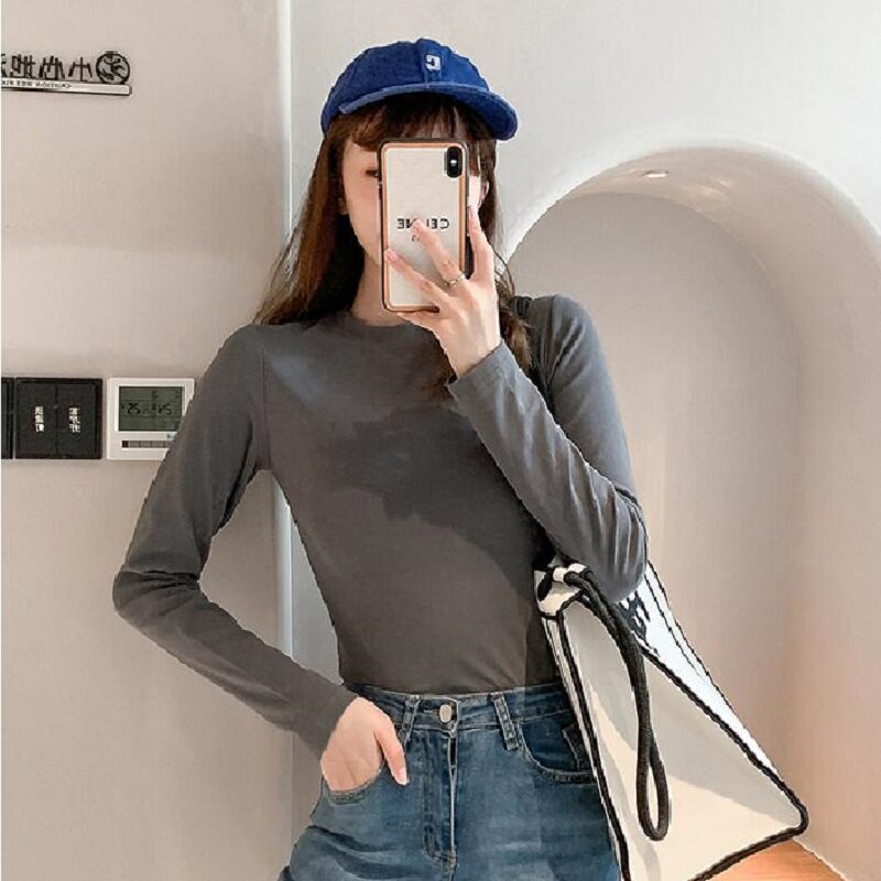 白色长袖T恤女202q3春季新款宽松显瘦打底衫纯色内搭上衣