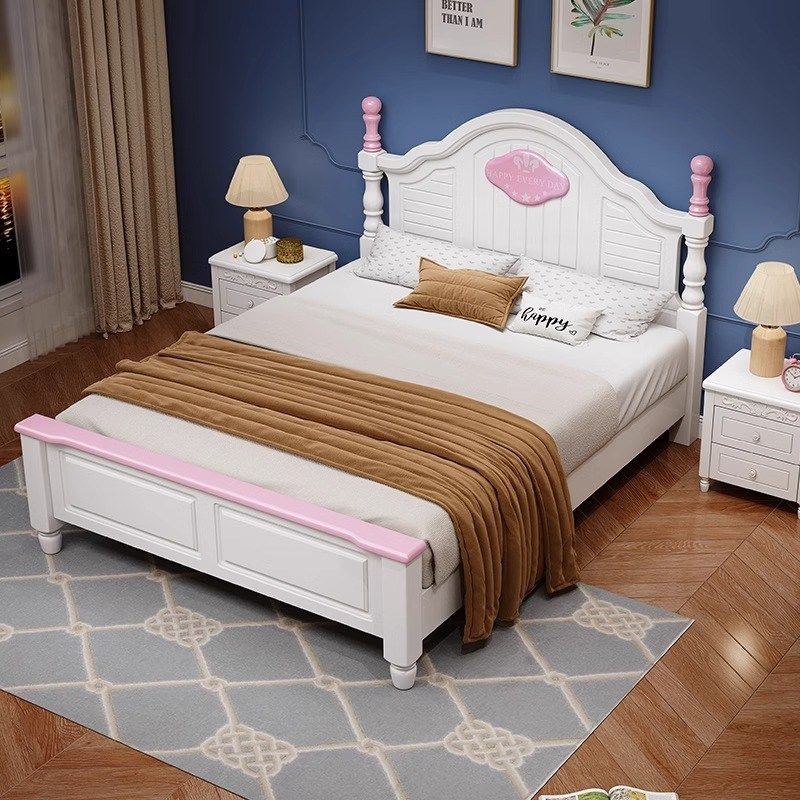 9C实木床现代简约儿童床1.5米卧室美式床田园风O格家用木质童床1.,住宅家具,实木床,淘宝优惠券,粉丝福利购,淘宝优惠卷