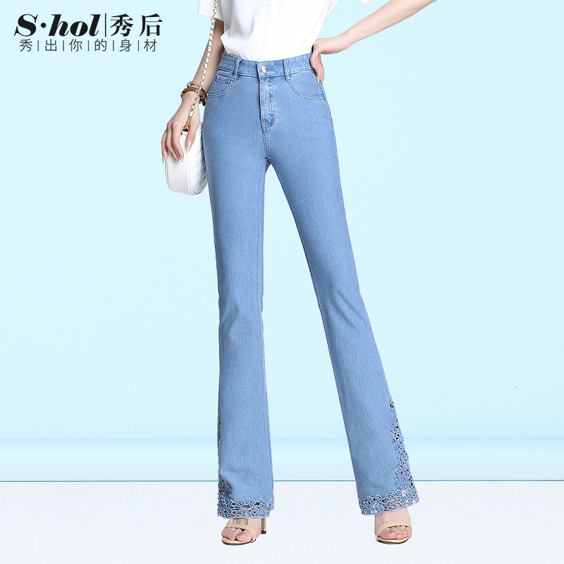 高腰镂空绣花微喇叭牛仔裤女夏季薄款2021新款加长裤子高个子女裤
