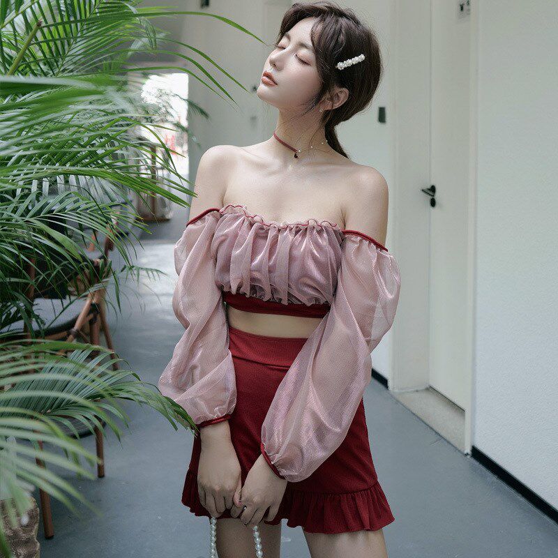 2023爆e火款温泉泳衣泡澡服可爱少甜美两件套长袖裙式泳衣女分体