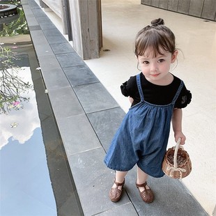 女童牛仔背带裤薄2023夏季新款中小童套装阔N腿裤小女孩七分裤韩
