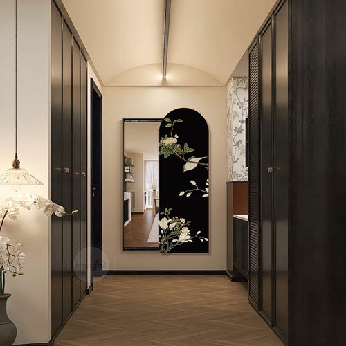 中古风客厅装饰画可关闭推拉全身镜喜上眉梢壁画穿衣镜子玄关挂画