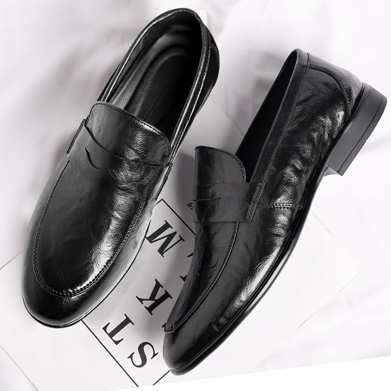 皮鞋男款秋冬季懒人一脚蹬单层软皮软底正装男士商务休闲豆豆鞋