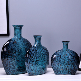 蓝炸纹花瓶摆件样板房装 饰花瓶家居客厅工艺品摆饰
