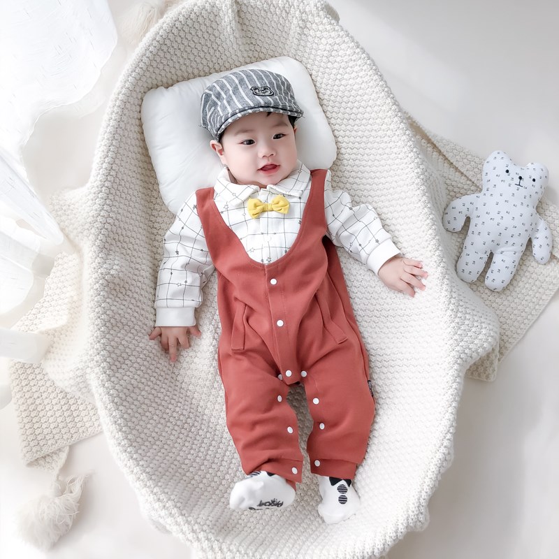 新品婴儿b春装外出连体衣春款新生满月百天男宝宝衣服春秋套装洋