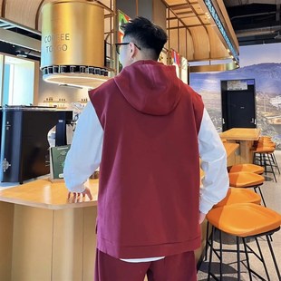 秋季新款简约纯色无袖套头连帽马甲长裤套装男女款运动休闲两件套
