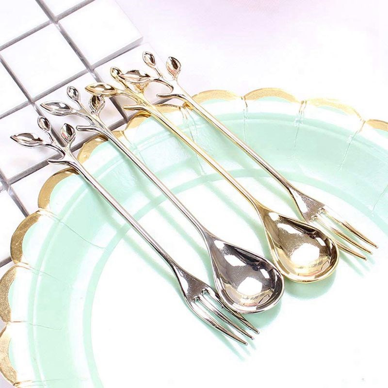 Fork Spoon Appetizer Tableware Dessert Gold-Leaf And 4 2 4-P
