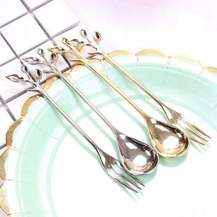 Fork Spoon Appetizer Tableware Dessert Gold-Leaf And 4 2 4-P