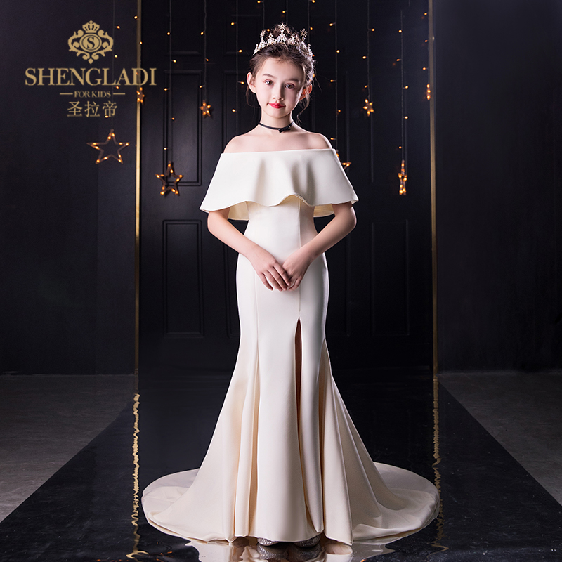 儿童礼服时尚鱼尾女童主持人洋气一字肩拖尾裙小模特走秀晚礼服春