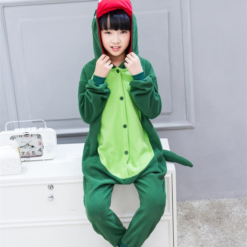 秋冬季儿童款绿恐龙家居服卡通动物连体睡衣如厕版服摇粒绒亲子表
