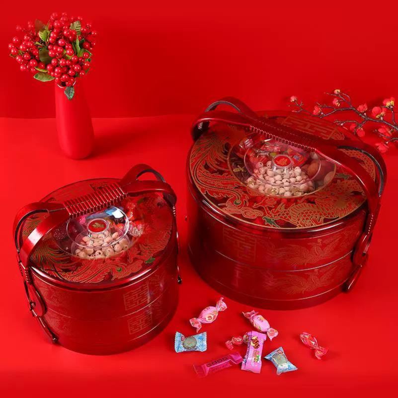 新娘陪嫁双层手提饺子盒红色婚庆分格糖果盒糕点盒喜事用红篮子