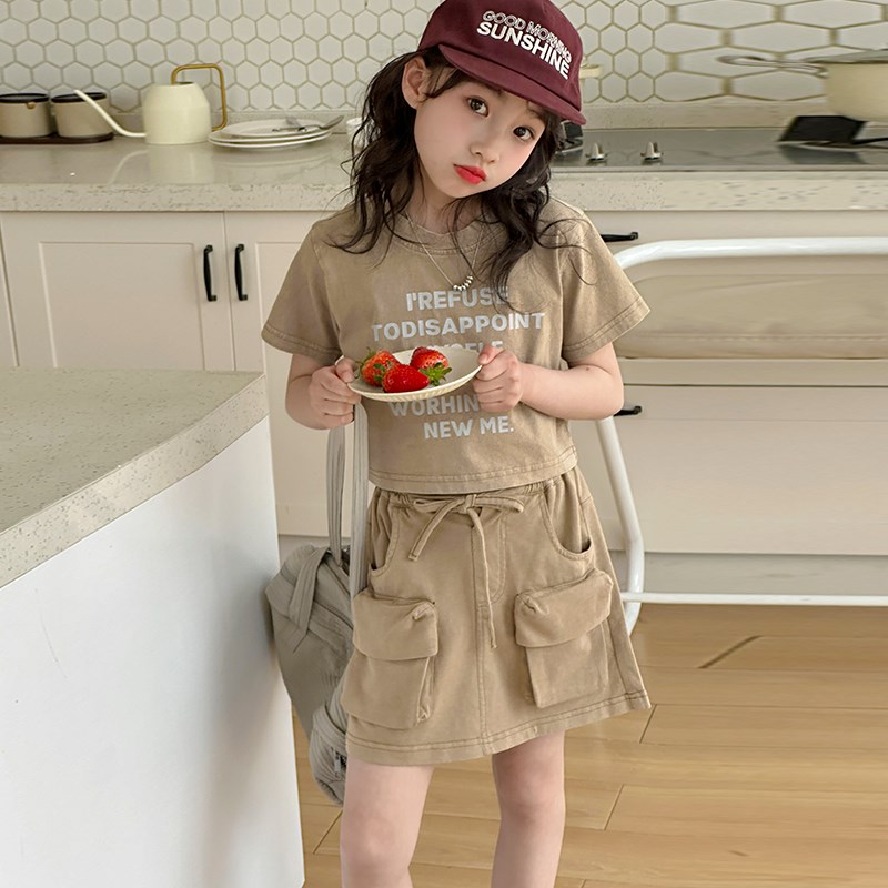 工厂销女童裙子夏季套装2024新款大F童洋气连衣裙儿童潮酷穿搭短