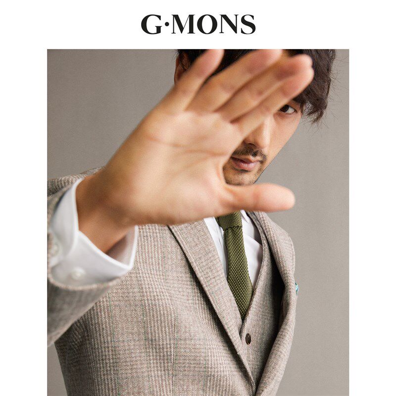 吉约蒙羊毛西服套装男格子秋冬毛呢西装外套商务休闲新郎结婚礼服