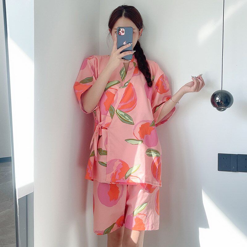 网红风2024新款汗蒸服女带胸垫开衫桑拿浴服系带和服套装