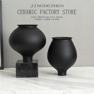 新中式现代简约大肚黑色陶罐花瓶高级感陶瓷摆件客厅干花插花花器
