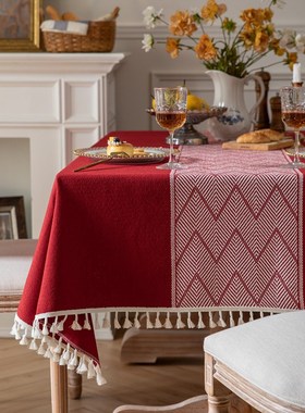 2EIE中式红色结婚全涤提花复古花流苏桌布茶几餐桌布盖巾